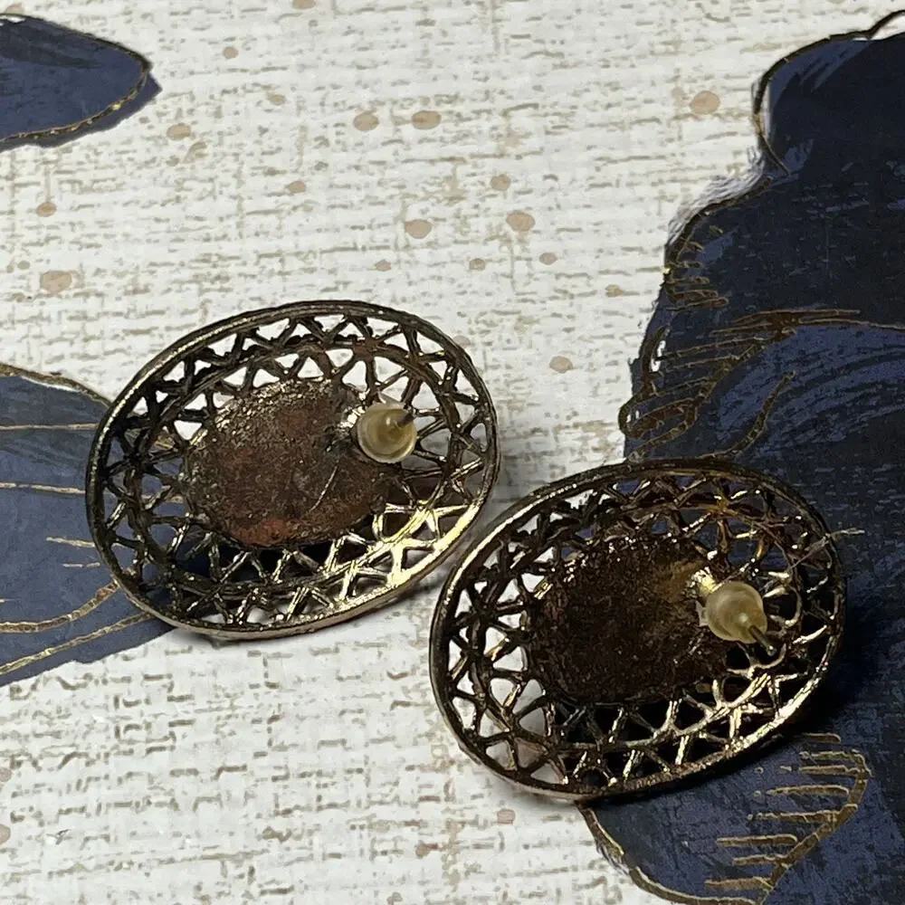 Vintage 80s Gunmetal Silver Stone Statement Earrings - Picture 3 of 6